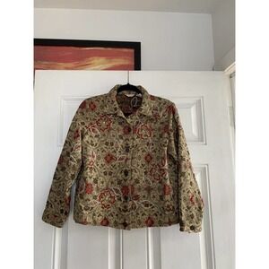 Laura Ashley Tapestry Jean Jacket Size‎ Petite Medium Tan Red Floral Vintage